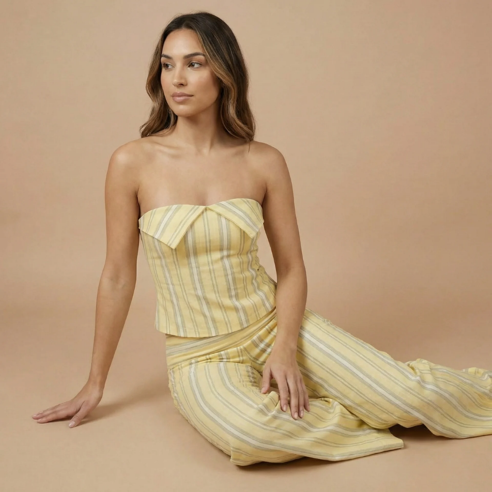 Strapless wrapped bustier crop top in vertical cream and white stripe detail