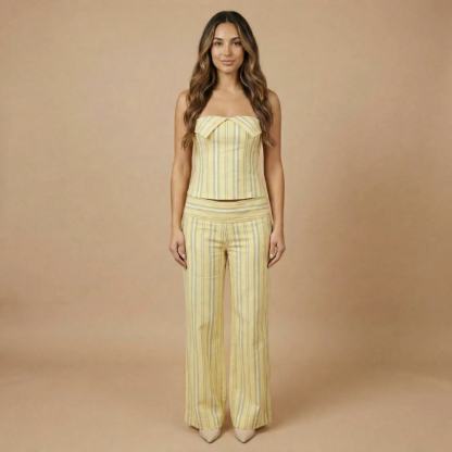 Cream striped bustier top and high-waisted wide-leg pants matching set for women