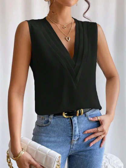 Black sleeveless wrap blouse with crossover front detail
