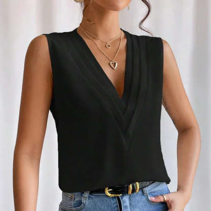 Black sleeveless wrap top with deep V-neckline and draped front