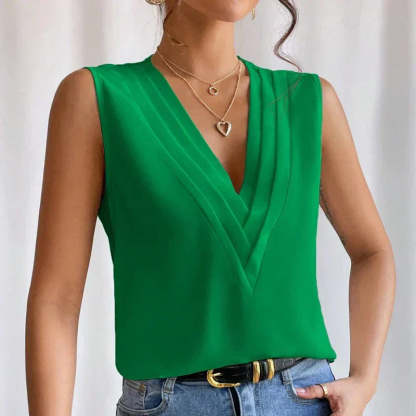 Bright orange sleeveless wrap blouse with V-neck and pleated front