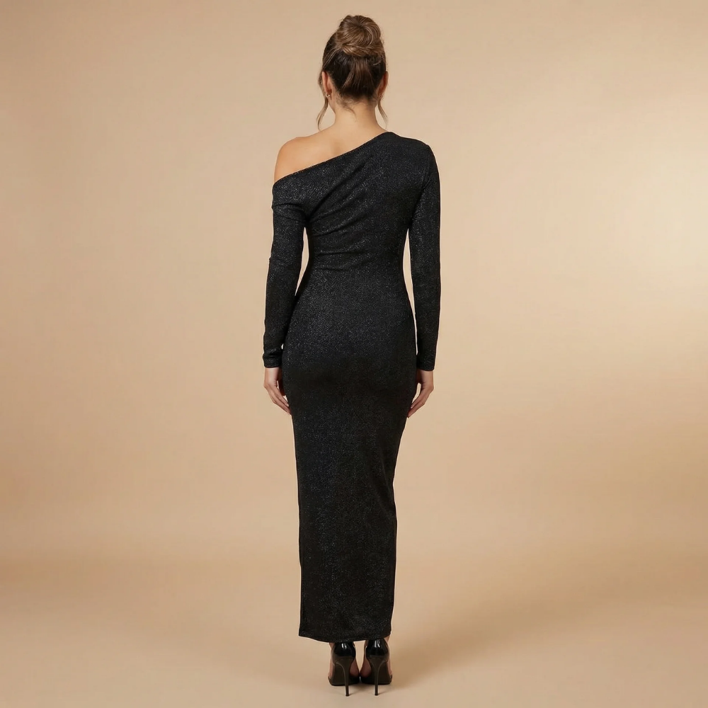 Back view of black shimmer bodycon maxi dress with asymmetric one-shoulder neckline