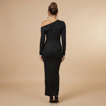Back view of black shimmer bodycon maxi dress with asymmetric one-shoulder neckline