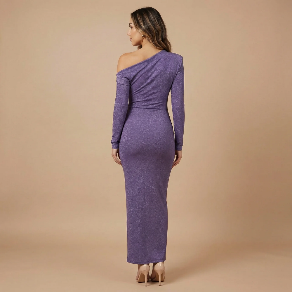 Back view of purple shimmer one-shoulder asymmetric maxi dress with fitted bodycon design