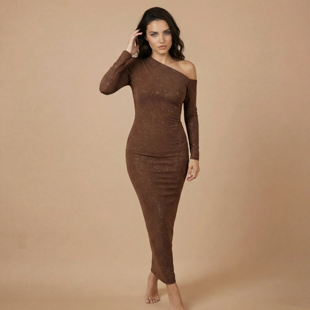 Chocolate brown shimmer one-shoulder maxi dress with long sleeves and bodycon fit for women