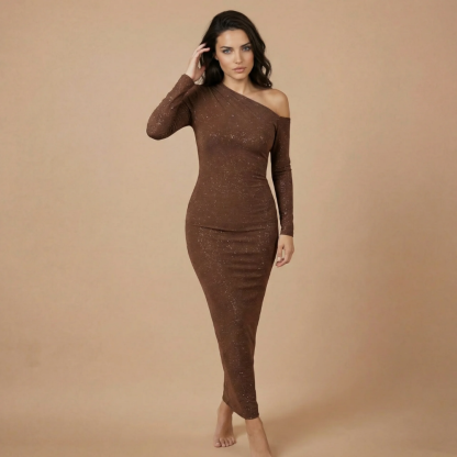 Chocolate brown shimmer one-shoulder maxi dress with long sleeves and bodycon fit for women