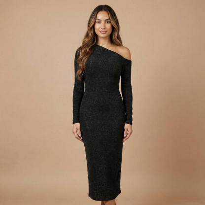 Black shimmer one-shoulder maxi dress with long sleeves and bodycon fit for women