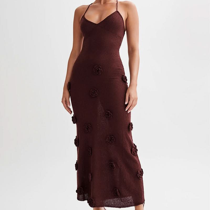 Burgundy knit maxi dress with dimensional floral rose details