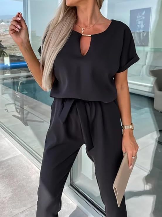 Black keyhole wrap jumpsuit with cropped pants and keyhole neckline detail