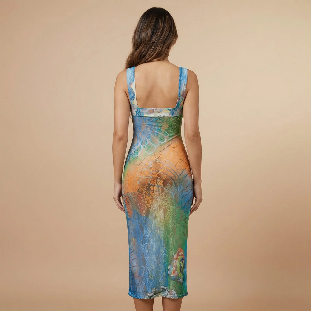 Backless view of watercolor midi dress showing open back design and square straps for women