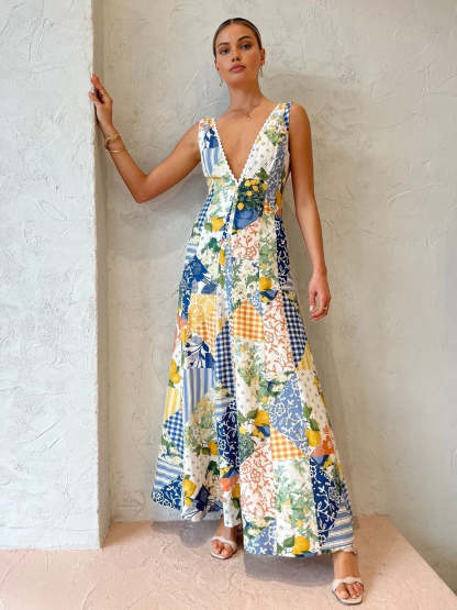 Multi-color patchwork maxi dress with deep V-neckline and floral print for women