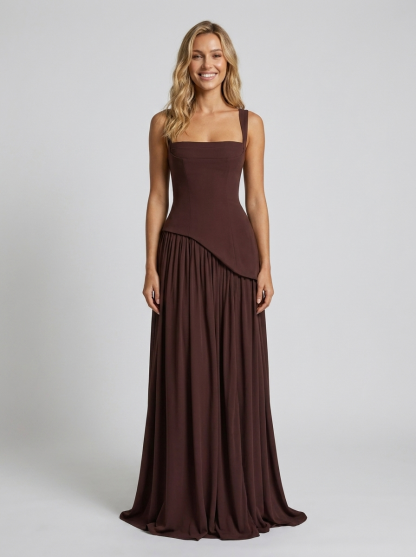 Solara Square Neck Maxi Dress - Chocolate Brown