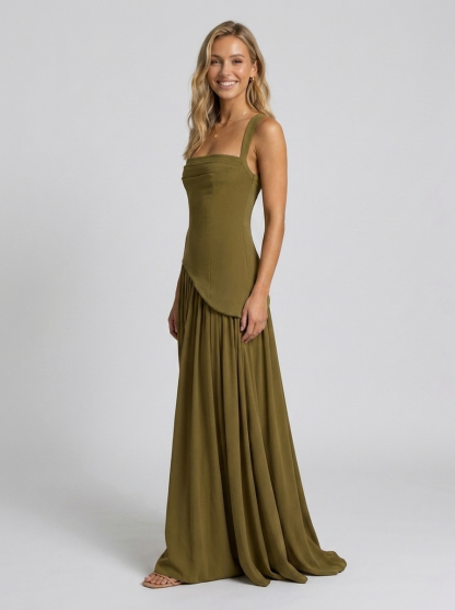 Solara Square Neck Maxi Dress - Olive Green