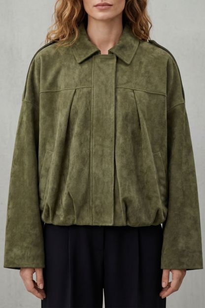 Solenné Suede Pleated Oversized Bomber Jacket