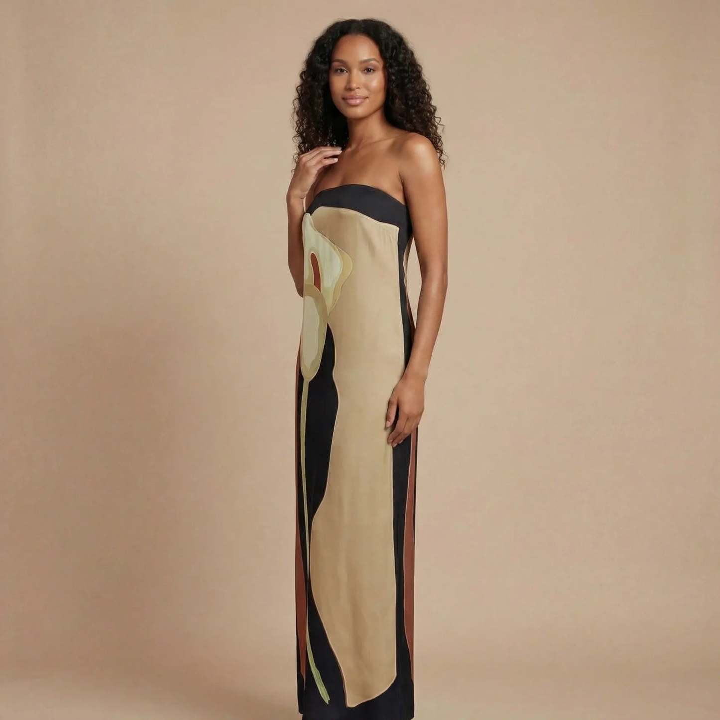Cream and black strapless column maxi dress with modern print for women