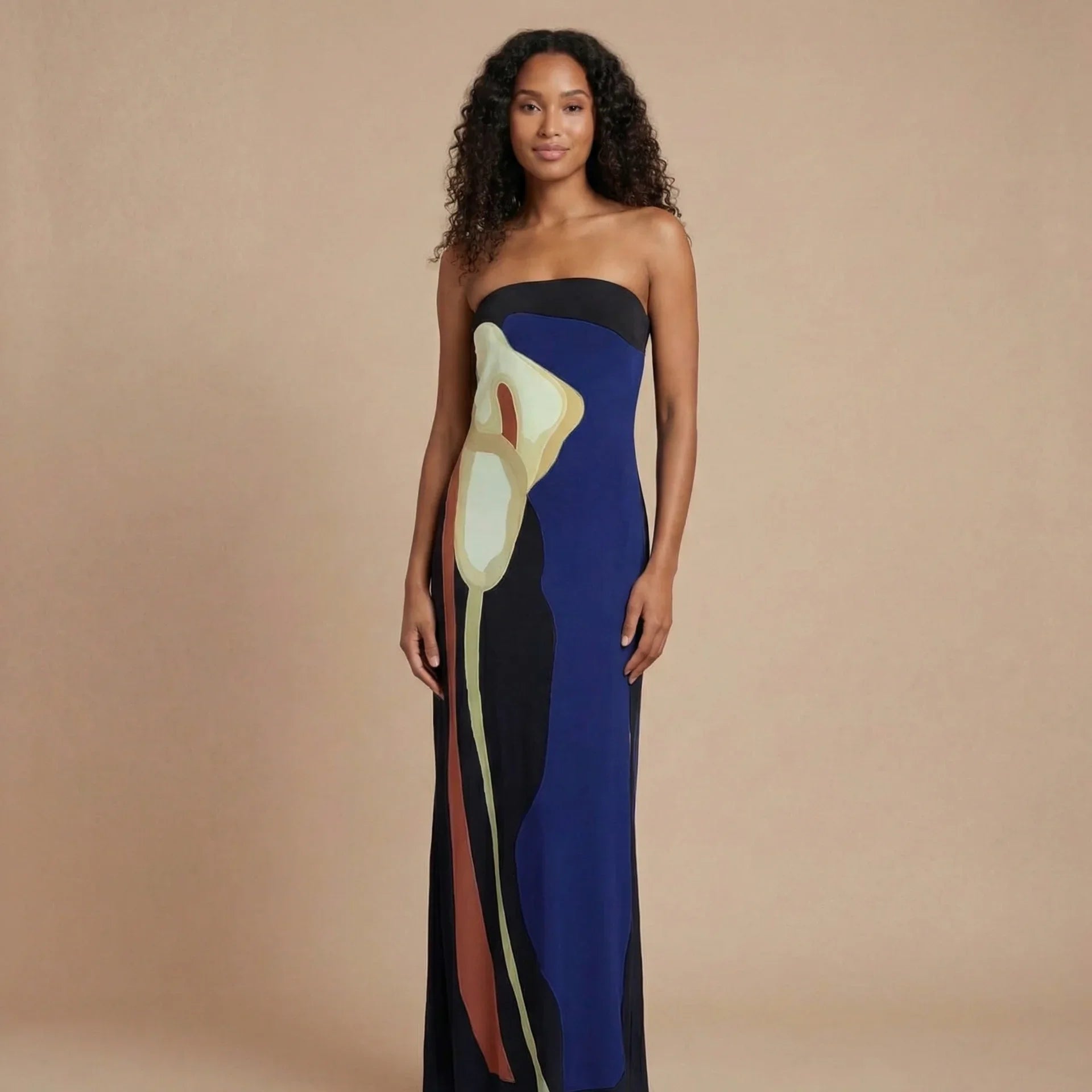 Navy and black artistic strapless maxi dress with abstract shapes for women