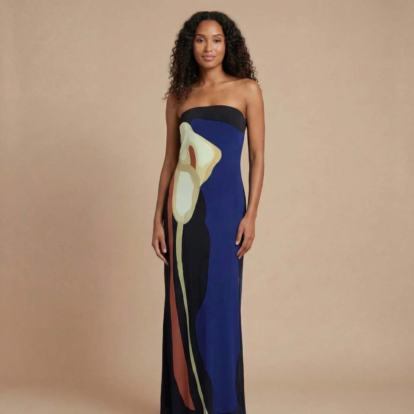 Navy and black artistic strapless maxi dress with abstract shapes for women