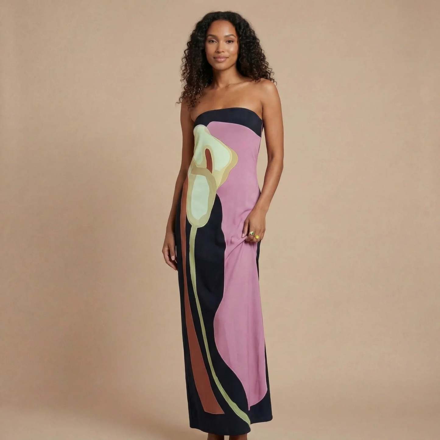Pink and black strapless abstract maxi dress with flowing silhouette for women