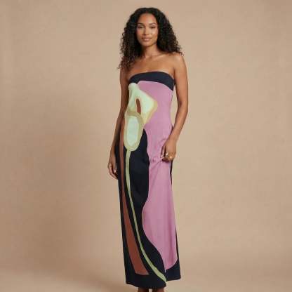 Pink and black strapless abstract maxi dress with flowing silhouette for women