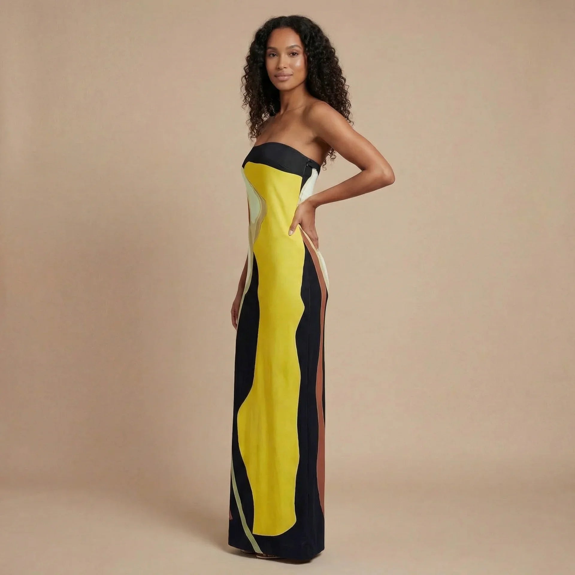 Yellow and black strapless maxi dress with bold artistic print for women