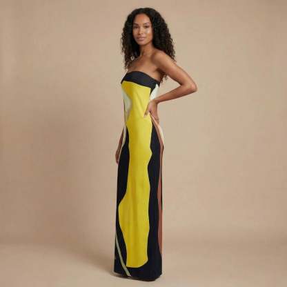 Yellow and black strapless maxi dress with bold artistic print for women