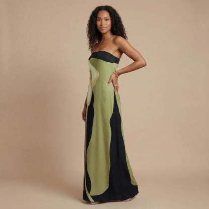 Lime and black abstract maxi dress with strapless neckline for women