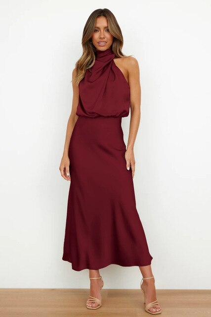 Burgundy halter draped midi dress with gathered bodice and A-line skirt