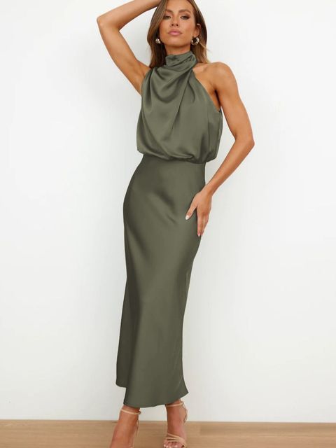Olive green halter draped midi dress with twisted neckline detail