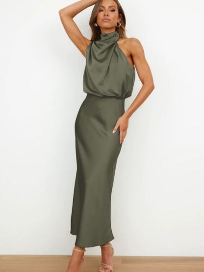 Olive green halter draped midi dress with twisted neckline detail