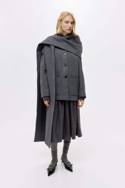Solveig Detachable Shawl Collar Coat - Dark Gray