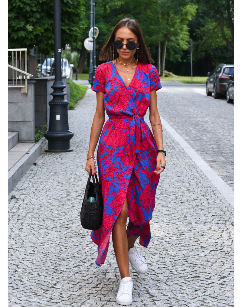 Red and blue floral wrap midi dress with V-neckline and asymmetrical hem