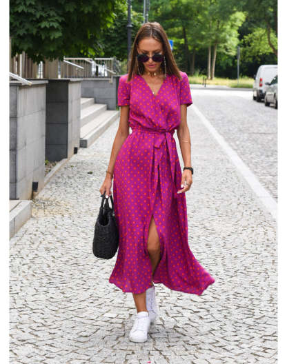 Magenta polka dot wrap midi dress with short sleeves and wrap closure