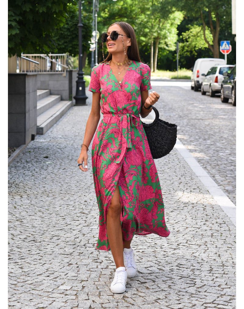 Pink and green floral wrap midi dress with short sleeves and side slit