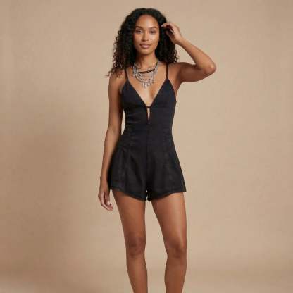 Black denim v-neck romper with spaghetti straps for women