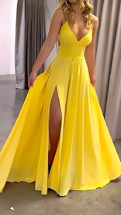 Yellow maxi dress front view showing deep V-neck and leg slit