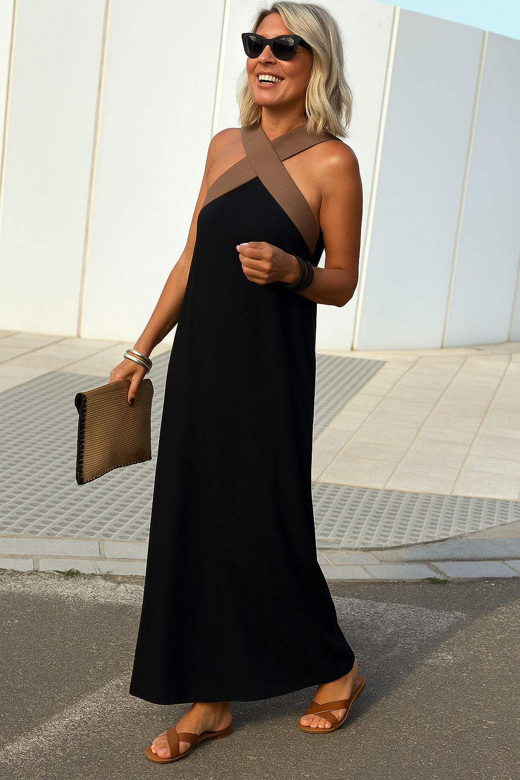 Black maxi dress with brown and cream crossed halter neckline