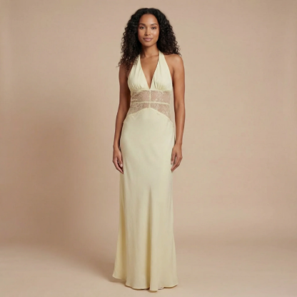 Pale yellow halter maxi dress with champagne lace waist band
