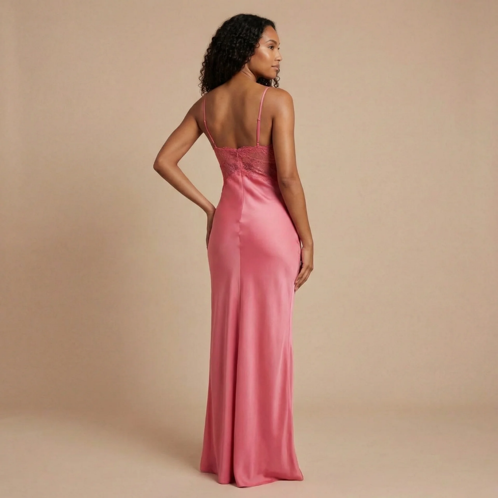 Back view of rose pink maxi dress with lace detail and strappy back