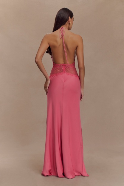 Back view of pink lace maxi dress with halter tie and flowing train