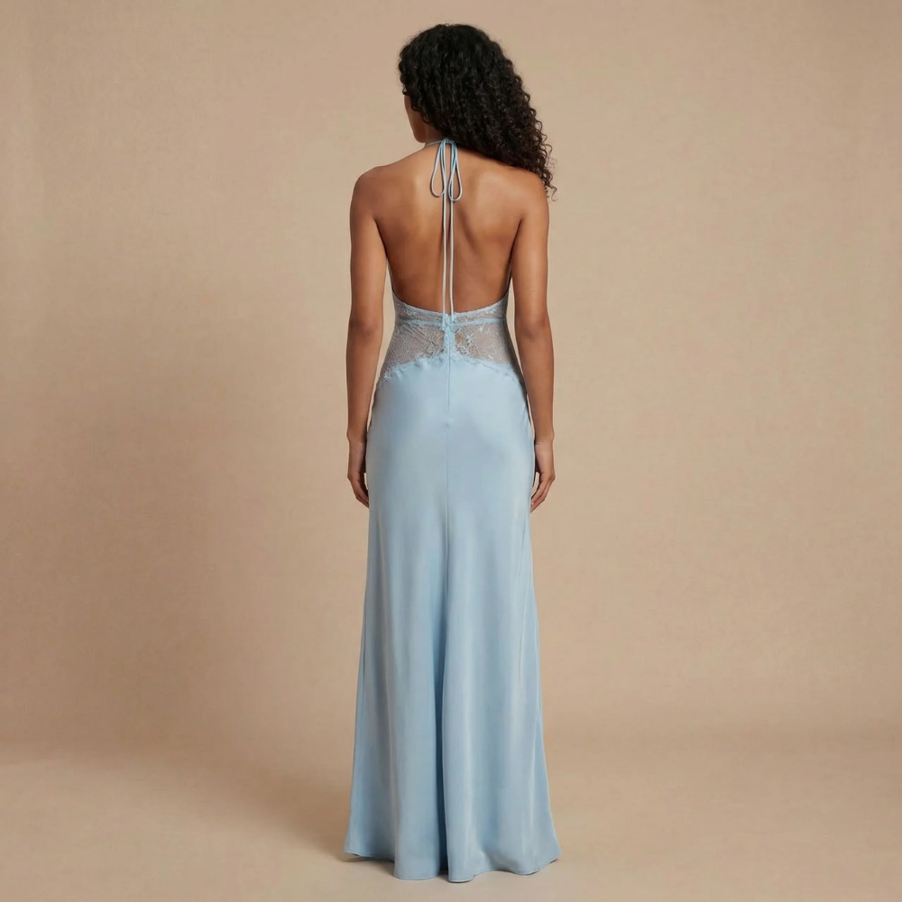 Back view of light blue maxi dress with lace detail and open back