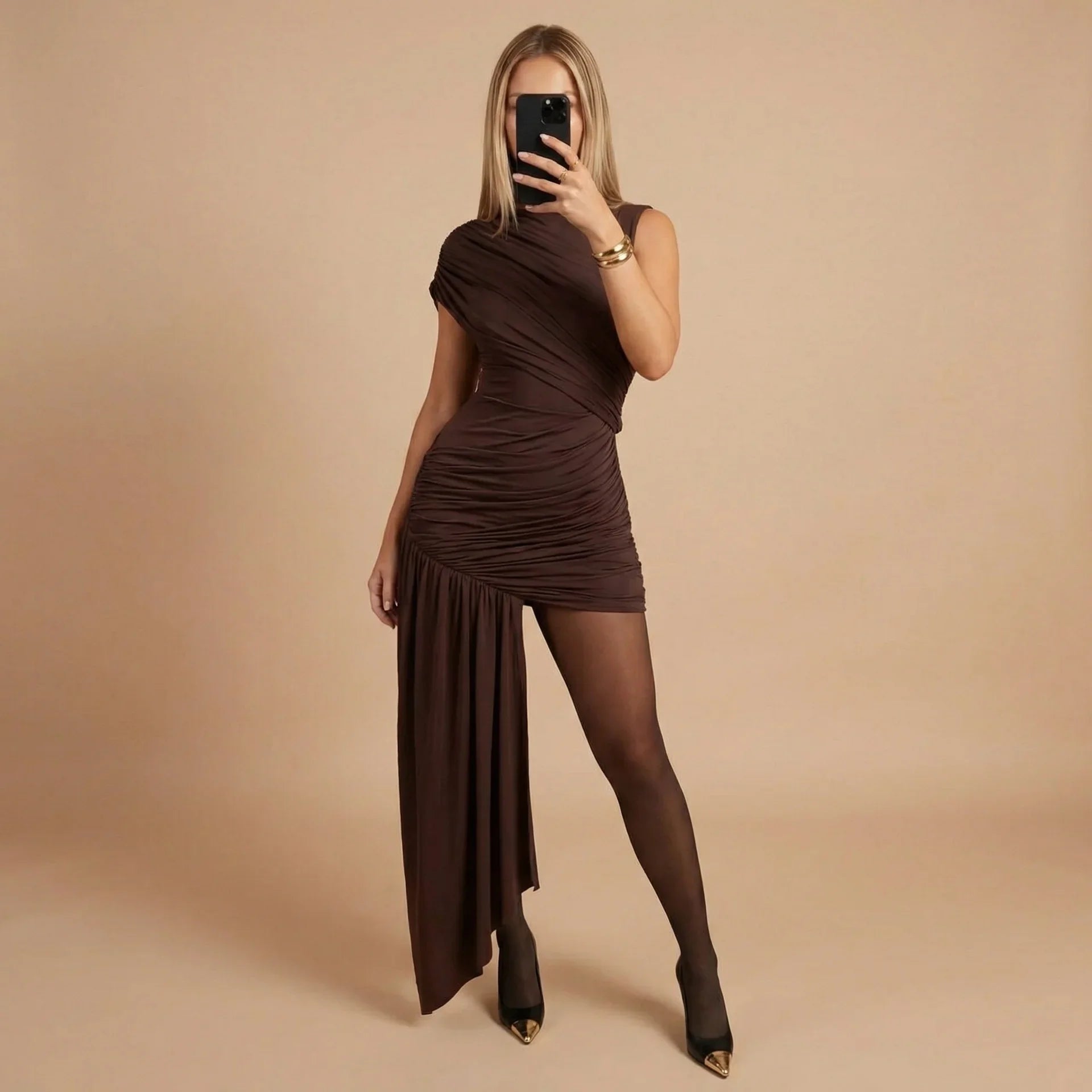 Black ruched one-shoulder mini dress with asymmetrical drape panel for women