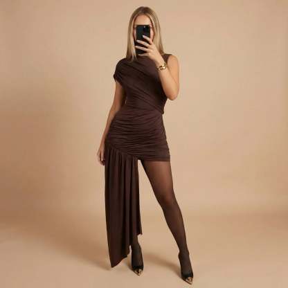 Black ruched one-shoulder mini dress with asymmetrical drape panel for women