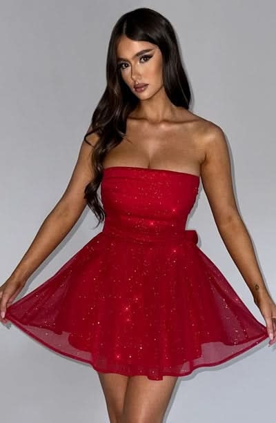 Red sequin strapless mini dress with ruched waist and tulle skirt