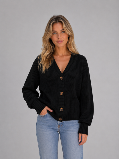 Susannah Ribbed V-Neck Button Cardigan - Black