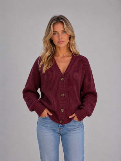 Susannah Ribbed V-Neck Button Cardigan - Bordeaux