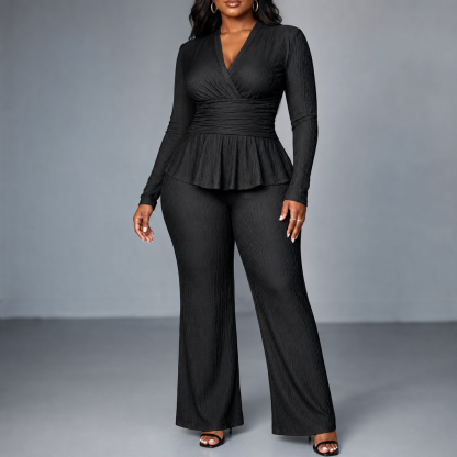 Sybil Wrap Peplum Trouser Set - Black