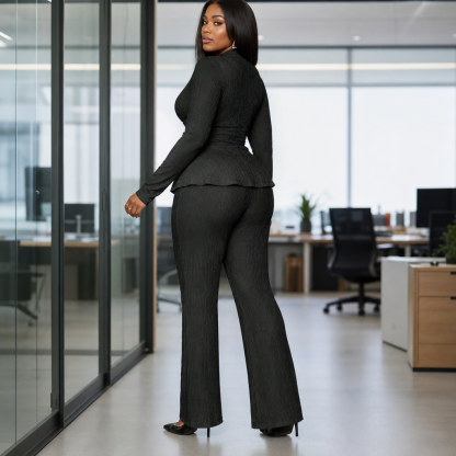 Sybil Wrap Peplum Trouser Set - Black