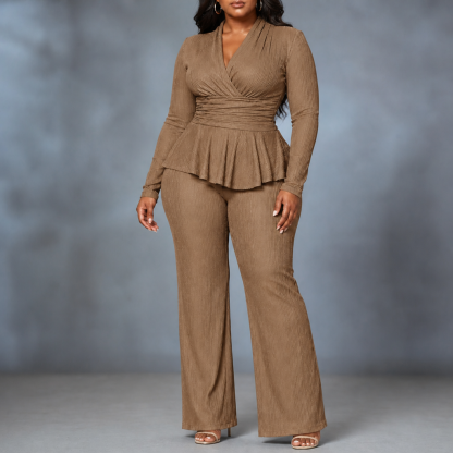 Sybil Wrap Peplum Trouser Set - Camel