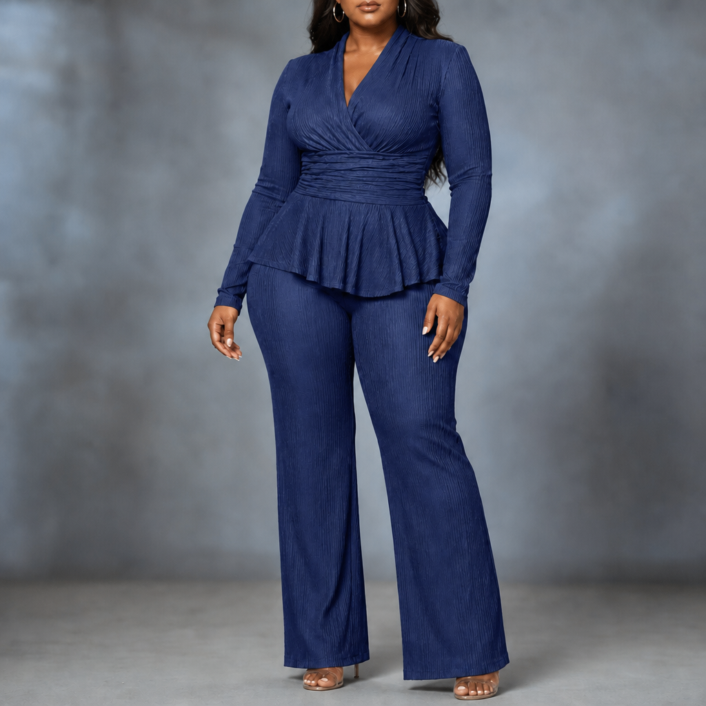 Sybil Wrap Peplum Trouser Set - Navy