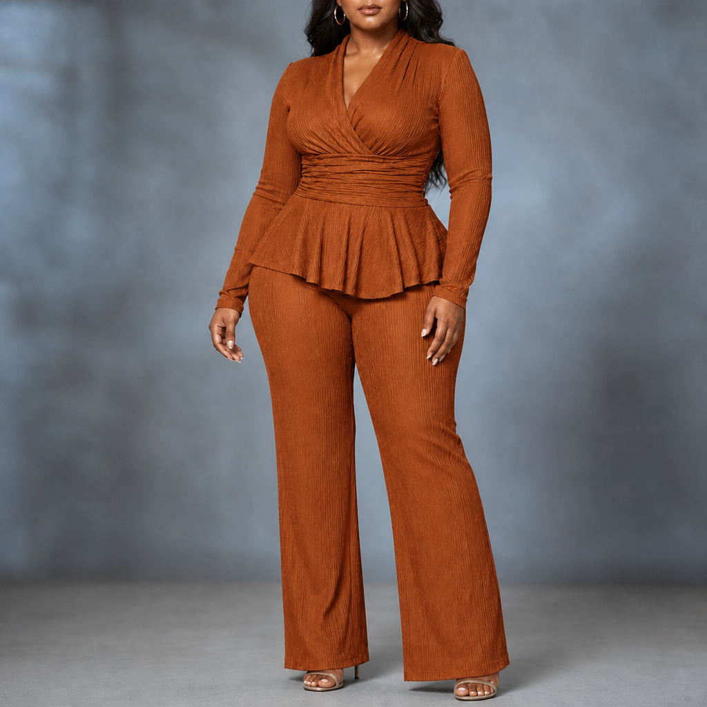 Sybil Wrap Peplum Trouser Set - Rust